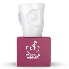 Load image into Gallery viewer, Coffee mug with &#39;tasty&#39; facial expression and 11 oz capacity. From the TASSEN product family of fun dishware by FIFTYEIGHT Products. Tall coffee cup with handle in white, crafted from quality porcelain.
