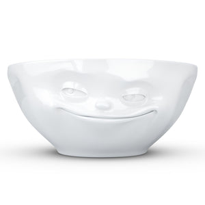 Versatile 11 ounce capacity porcelain bowl in white featuring a sculpted ‘laughing’ facial expression. From the TASSEN product family of fun dishware by FIFTYEIGHT Products. Quality bowl perfect for ice cream to tapas, nuts and hearty dips.