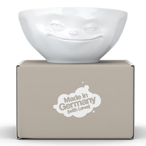 Versatile 11 ounce capacity porcelain bowl in white featuring a sculpted ‘laughing’ facial expression. From the TASSEN product family of fun dishware by FIFTYEIGHT Products. Quality bowl perfect for ice cream to tapas, nuts and hearty dips.