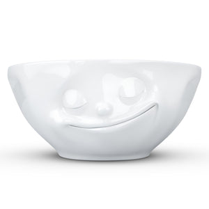 Versatile 11 ounce capacity porcelain bowl in white featuring a sculpted ‘happy’ facial expression. From the TASSEN product family of fun dishware by FIFTYEIGHT Products. Quality bowl perfect for ice cream to tapas, nuts and hearty dips.