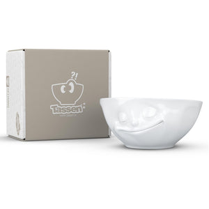 Versatile 11 ounce capacity porcelain bowl in white featuring a sculpted ‘happy’ facial expression. From the TASSEN product family of fun dishware by FIFTYEIGHT Products. Quality bowl perfect for ice cream to tapas, nuts and hearty dips.