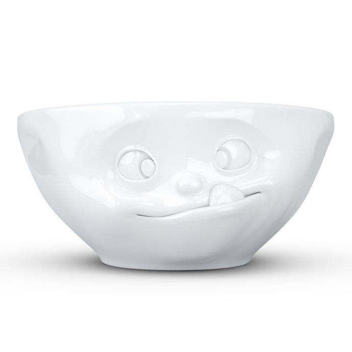 Versatile 11 ounce capacity porcelain bowl in white featuring a sculpted ‘tasty’ facial expression. From the TASSEN product family of fun dishware by FIFTYEIGHT Products. Quality bowl perfect for ice cream to tapas, nuts and hearty dips.