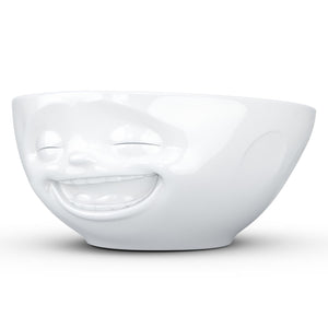 Versatile 11 ounce capacity porcelain bowl in white featuring a sculpted ‘laughing’ facial expression. From the TASSEN product family of fun dishware by FIFTYEIGHT Products. Quality bowl perfect for ice cream to tapas, nuts and hearty dips.