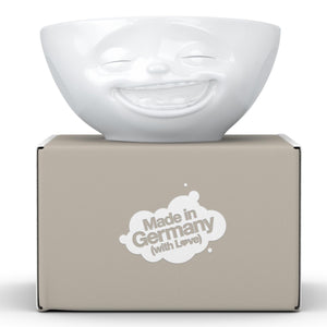 Versatile 11 ounce capacity porcelain bowl in white featuring a sculpted ‘laughing’ facial expression. From the TASSEN product family of fun dishware by FIFTYEIGHT Products. Quality bowl perfect for ice cream to tapas, nuts and hearty dips.