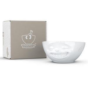 Versatile 11 ounce capacity porcelain bowl in white featuring a sculpted ‘laughing’ facial expression. From the TASSEN product family of fun dishware by FIFTYEIGHT Products. Quality bowl perfect for ice cream to tapas, nuts and hearty dips.