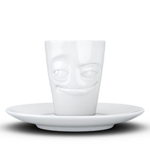 Load image into Gallery viewer, Espresso cup with &#39;impish&#39; facial expression and 2.7 oz capacity. From the TASSEN product family of fun dishware by FIFTYEIGHT Products. Espresso mug with matching saucer crafted from quality porcelain.
