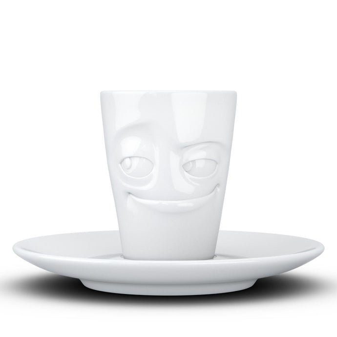 Espresso cup with 'impish' facial expression and 2.7 oz capacity. From the TASSEN product family of fun dishware by FIFTYEIGHT Products. Espresso mug with matching saucer crafted from quality porcelain.