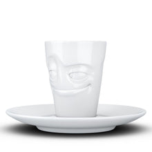 Load image into Gallery viewer, Espresso cup with &#39;impish&#39; facial expression and 2.7 oz capacity. From the TASSEN product family of fun dishware by FIFTYEIGHT Products. Espresso mug with matching saucer crafted from quality porcelain.
