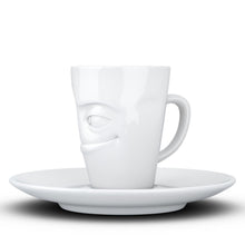 Load image into Gallery viewer, Espresso cup with &#39;impish&#39; facial expression and 2.7 oz capacity. From the TASSEN product family of fun dishware by FIFTYEIGHT Products. Espresso mug with matching saucer crafted from quality porcelain.
