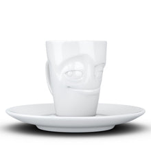 Load image into Gallery viewer, Espresso cup with &#39;impish&#39; facial expression and 2.7 oz capacity. From the TASSEN product family of fun dishware by FIFTYEIGHT Products. Espresso mug with matching saucer crafted from quality porcelain.
