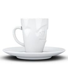 Load image into Gallery viewer, Espresso cup with &#39;impish&#39; facial expression and 2.7 oz capacity. From the TASSEN product family of fun dishware by FIFTYEIGHT Products. Espresso mug with matching saucer crafted from quality porcelain.
