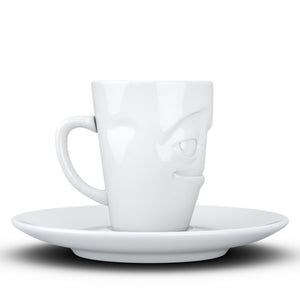 Espresso cup with 'impish' facial expression and 2.7 oz capacity. From the TASSEN product family of fun dishware by FIFTYEIGHT Products. Espresso mug with matching saucer crafted from quality porcelain.