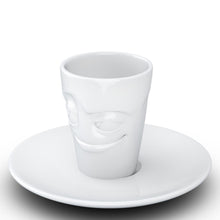 Load image into Gallery viewer, Espresso cup with &#39;impish&#39; facial expression and 2.7 oz capacity. From the TASSEN product family of fun dishware by FIFTYEIGHT Products. Espresso mug with matching saucer crafted from quality porcelain.
