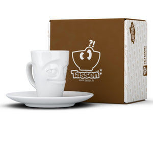 Espresso cup with 'impish' facial expression and 2.7 oz capacity. From the TASSEN product family of fun dishware by FIFTYEIGHT Products. Espresso mug with matching saucer crafted from quality porcelain.