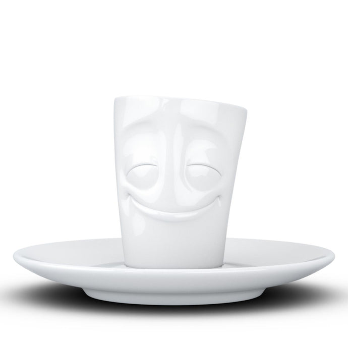 Espresso cup with 'cheery' facial expression and 2.7 oz capacity. From the TASSEN product family of fun dishware by FIFTYEIGHT Products. Espresso mug with matching saucer crafted from quality porcelain.