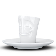Load image into Gallery viewer, Espresso cup with &#39;cheery&#39; facial expression and 2.7 oz capacity. From the TASSEN product family of fun dishware by FIFTYEIGHT Products. Espresso mug with matching saucer crafted from quality porcelain.
