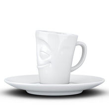Load image into Gallery viewer, Espresso cup with &#39;cheery&#39; facial expression and 2.7 oz capacity. From the TASSEN product family of fun dishware by FIFTYEIGHT Products. Espresso mug with matching saucer crafted from quality porcelain.
