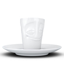 Load image into Gallery viewer, Espresso cup with &#39;cheery&#39; facial expression and 2.7 oz capacity. From the TASSEN product family of fun dishware by FIFTYEIGHT Products. Espresso mug with matching saucer crafted from quality porcelain.
