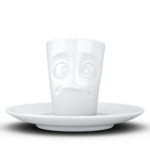 Load image into Gallery viewer, Espresso cup with &#39;baffled&#39; facial expression and 2.7 oz capacity. From the TASSEN product family of fun dishware by FIFTYEIGHT Products. Espresso mug with matching saucer crafted from quality porcelain.
