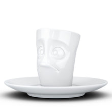 Load image into Gallery viewer, Espresso cup with &#39;baffled&#39; facial expression and 2.7 oz capacity. From the TASSEN product family of fun dishware by FIFTYEIGHT Products. Espresso mug with matching saucer crafted from quality porcelain.

