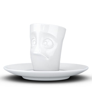 Espresso cup with 'baffled' facial expression and 2.7 oz capacity. From the TASSEN product family of fun dishware by FIFTYEIGHT Products. Espresso mug with matching saucer crafted from quality porcelain.