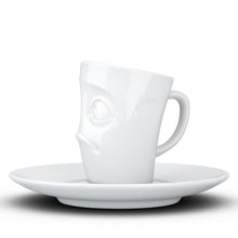 Load image into Gallery viewer, Espresso cup with &#39;baffled&#39; facial expression and 2.7 oz capacity. From the TASSEN product family of fun dishware by FIFTYEIGHT Products. Espresso mug with matching saucer crafted from quality porcelain.
