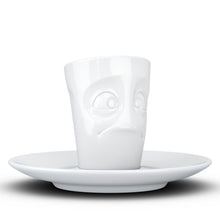 Load image into Gallery viewer, Espresso cup with &#39;baffled&#39; facial expression and 2.7 oz capacity. From the TASSEN product family of fun dishware by FIFTYEIGHT Products. Espresso mug with matching saucer crafted from quality porcelain.
