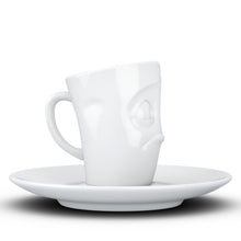 Load image into Gallery viewer, Espresso cup with &#39;baffled&#39; facial expression and 2.7 oz capacity. From the TASSEN product family of fun dishware by FIFTYEIGHT Products. Espresso mug with matching saucer crafted from quality porcelain.
