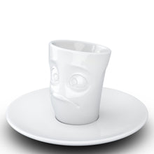 Load image into Gallery viewer, Espresso cup with &#39;baffled&#39; facial expression and 2.7 oz capacity. From the TASSEN product family of fun dishware by FIFTYEIGHT Products. Espresso mug with matching saucer crafted from quality porcelain.
