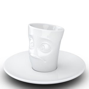 Espresso cup with 'baffled' facial expression and 2.7 oz capacity. From the TASSEN product family of fun dishware by FIFTYEIGHT Products. Espresso mug with matching saucer crafted from quality porcelain.