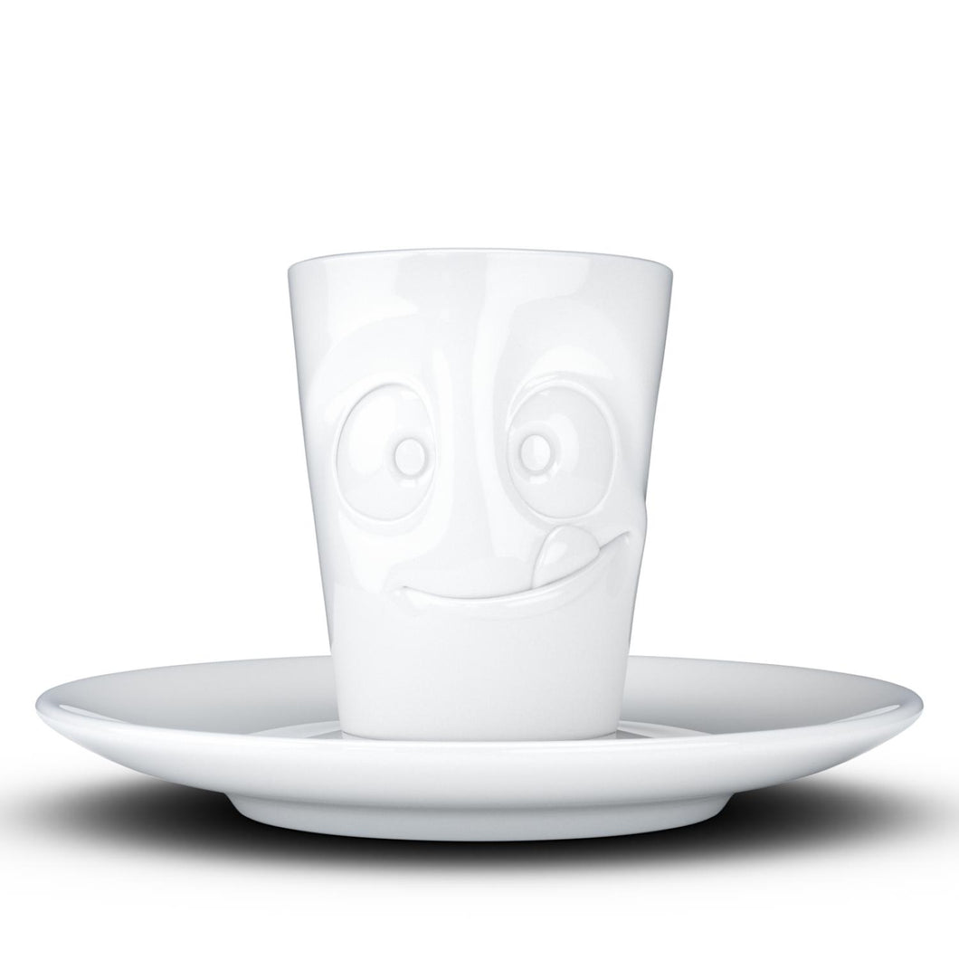 Espresso cup with 'tasty' facial expression and 2.7 oz capacity. From the TASSEN product family of fun dishware by FIFTYEIGHT Products. Espresso mug with matching saucer crafted from quality porcelain.