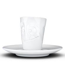 Load image into Gallery viewer, Espresso cup with &#39;tasty&#39; facial expression and 2.7 oz capacity. From the TASSEN product family of fun dishware by FIFTYEIGHT Products. Espresso mug with matching saucer crafted from quality porcelain.
