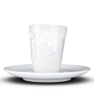 Espresso cup with 'tasty' facial expression and 2.7 oz capacity. From the TASSEN product family of fun dishware by FIFTYEIGHT Products. Espresso mug with matching saucer crafted from quality porcelain.