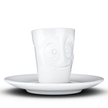 Load image into Gallery viewer, Espresso cup with &#39;tasty&#39; facial expression and 2.7 oz capacity. From the TASSEN product family of fun dishware by FIFTYEIGHT Products. Espresso mug with matching saucer crafted from quality porcelain.
