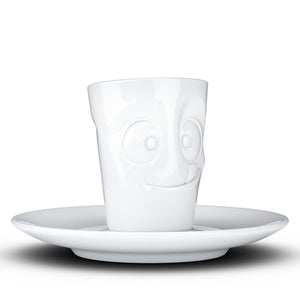 Espresso cup with 'tasty' facial expression and 2.7 oz capacity. From the TASSEN product family of fun dishware by FIFTYEIGHT Products. Espresso mug with matching saucer crafted from quality porcelain.