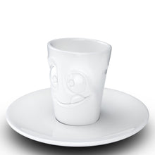 Load image into Gallery viewer, Espresso cup with &#39;tasty&#39; facial expression and 2.7 oz capacity. From the TASSEN product family of fun dishware by FIFTYEIGHT Products. Espresso mug with matching saucer crafted from quality porcelain.
