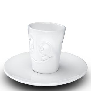 Espresso cup with 'tasty' facial expression and 2.7 oz capacity. From the TASSEN product family of fun dishware by FIFTYEIGHT Products. Espresso mug with matching saucer crafted from quality porcelain.