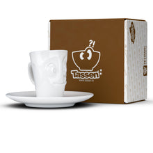 Load image into Gallery viewer, Espresso cup with &#39;tasty&#39; facial expression and 2.7 oz capacity. From the TASSEN product family of fun dishware by FIFTYEIGHT Products. Espresso mug with matching saucer crafted from quality porcelain.
