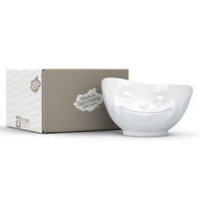 Load image into Gallery viewer, Extra large 33 ounce capacity porcelain bowl in white featuring a sculpted ‘grinning’ facial expression. From the TASSEN product family of fun dishware by FIFTYEIGHT Products. Quality bowl perfect for serving cereal, soup, snacks and much more.
