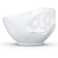 Load image into Gallery viewer, Extra large 33 ounce capacity porcelain bowl in white featuring a sculpted ‘happy’ facial expression. From the TASSEN product family of fun dishware by FIFTYEIGHT Products. Quality bowl perfect for serving cereal, soup, snacks and much more.
