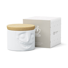 Load image into Gallery viewer, Quality porcelain storage jar with 30 oz. capacity and a &#39;cheerful&#39; facial expression. Closes securely with a natural cork lid. Dishwasher and microwave-safe (except for cork lid).From the TASSEN product family of fun dishware by FIFTYEIGHT Products. Made in Germany according to environmental standards.standards.
