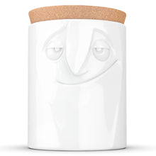 Load image into Gallery viewer, Quality porcelain storage jar with 57 oz. capacity and a &#39;charming&#39; facial expression. Closes securely with a natural cork lid. Dishwasher and microwave-safe (except for cork lid).From the TASSEN product family of fun dishware by FIFTYEIGHT Products. Made in Germany according to environmental standards.standards.
