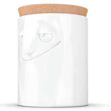 Load image into Gallery viewer, Quality porcelain storage jar with 57 oz. capacity and a &#39;charming&#39; facial expression. Closes securely with a natural cork lid. Dishwasher and microwave-safe (except for cork lid).From the TASSEN product family of fun dishware by FIFTYEIGHT Products. Made in Germany according to environmental standards.standards.
