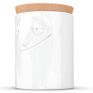 Quality porcelain storage jar with 57 oz. capacity and a 'charming' facial expression. Closes securely with a natural cork lid. Dishwasher and microwave-safe (except for cork lid).From the TASSEN product family of fun dishware by FIFTYEIGHT Products. Made in Germany according to environmental standards.standards.