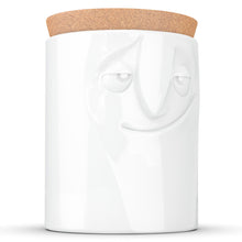 Load image into Gallery viewer, Quality porcelain storage jar with 57 oz. capacity and a &#39;charming&#39; facial expression. Closes securely with a natural cork lid. Dishwasher and microwave-safe (except for cork lid).From the TASSEN product family of fun dishware by FIFTYEIGHT Products. Made in Germany according to environmental standards.standards.
