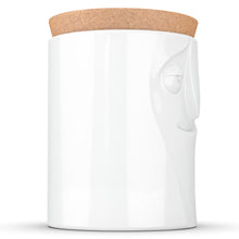 Load image into Gallery viewer, Quality porcelain storage jar with 57 oz. capacity and a &#39;charming&#39; facial expression. Closes securely with a natural cork lid. Dishwasher and microwave-safe (except for cork lid).From the TASSEN product family of fun dishware by FIFTYEIGHT Products. Made in Germany according to environmental standards.standards.
