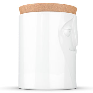 Quality porcelain storage jar with 57 oz. capacity and a 'charming' facial expression. Closes securely with a natural cork lid. Dishwasher and microwave-safe (except for cork lid).From the TASSEN product family of fun dishware by FIFTYEIGHT Products. Made in Germany according to environmental standards.standards.