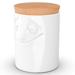 Quality porcelain storage jar with 57 oz. capacity and a 'charming' facial expression. Closes securely with a natural cork lid. Dishwasher and microwave-safe (except for cork lid).From the TASSEN product family of fun dishware by FIFTYEIGHT Products. Made in Germany according to environmental standards.standards.