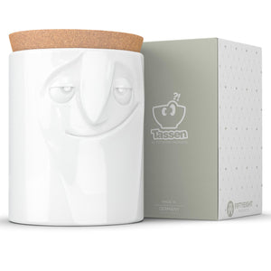 Quality porcelain storage jar with 57 oz. capacity and a 'charming' facial expression. Closes securely with a natural cork lid. Dishwasher and microwave-safe (except for cork lid).From the TASSEN product family of fun dishware by FIFTYEIGHT Products. Made in Germany according to environmental standards.standards.