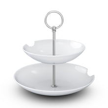 Load image into Gallery viewer, The two-Tiered Serving Platter brings tons of fun to the table. Features two deep plates with fun bite marks mounted on a pole. Perfect for building a grand seafood tower! From the TASSEN product family of fun dishware by FIFTYEIGHT Products. Made in Germany according to environmental standards.
